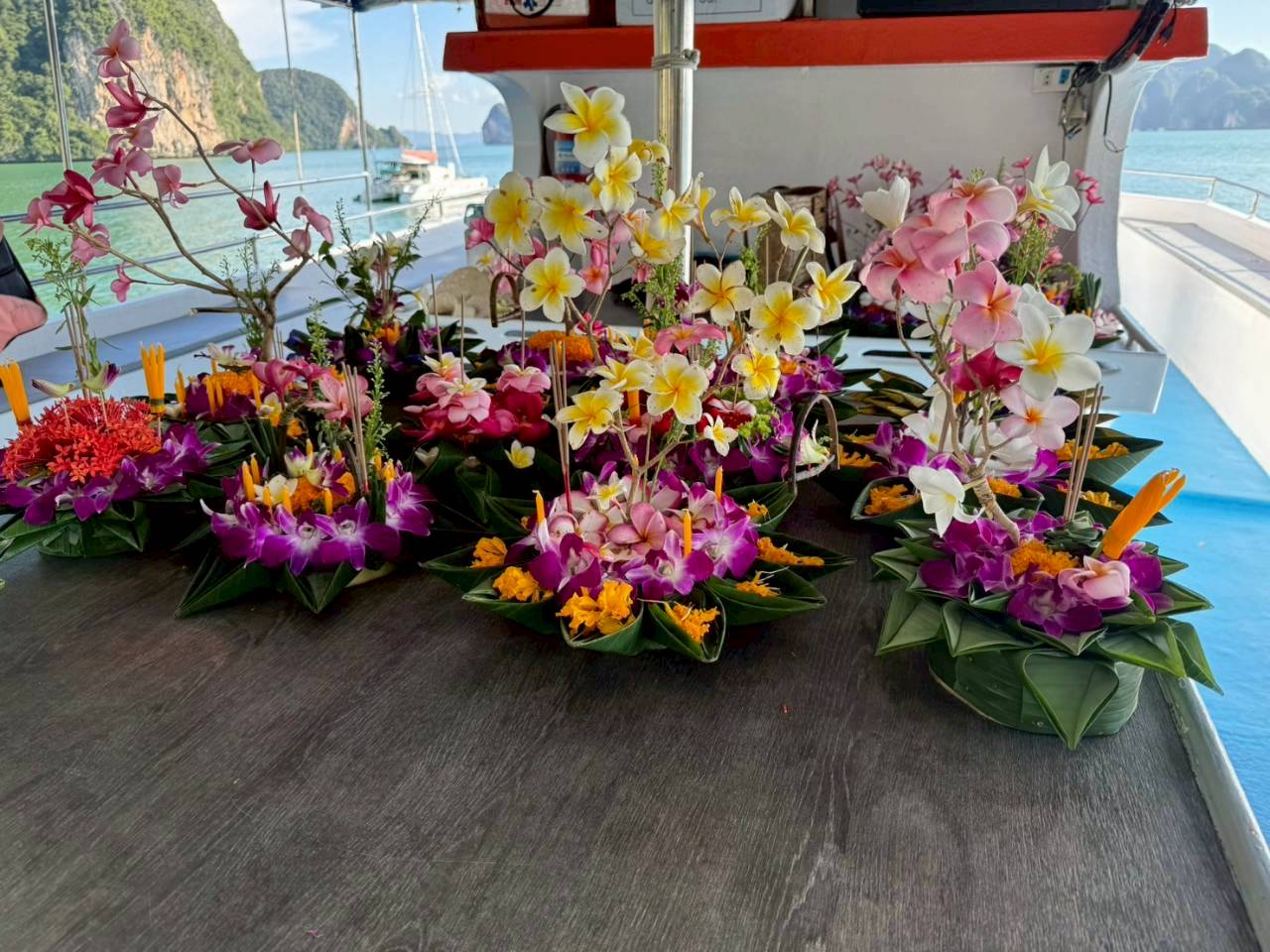 Hand-made Krathongs prepared on deck before the evening ceremony