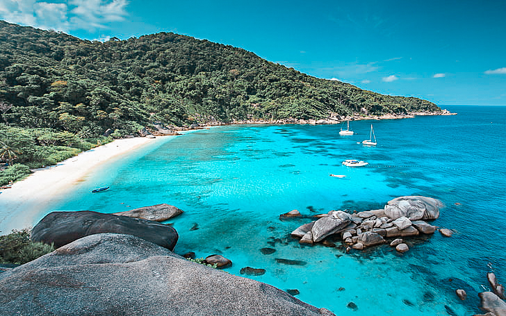 Aerial view of a Similan Islands bay with yachts