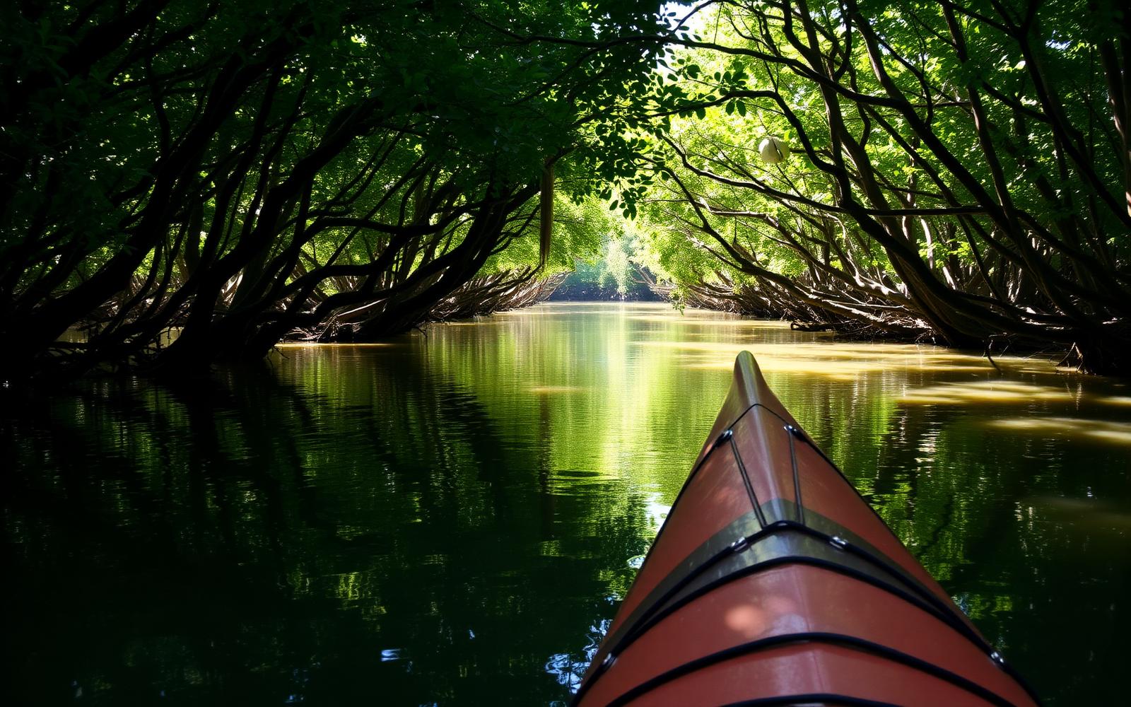 Kayaking through mangrove forest waterways